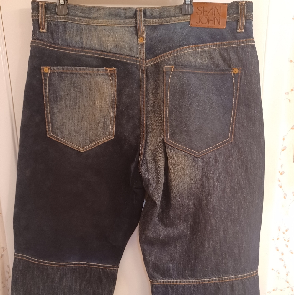 Sean John Blue Relaxed Baggie Jeans with Suede & Denim Patchwork Design
